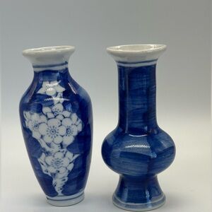 2 Chinese Hand Painted Floral Blue Bud Vases Glazed Pottery Porcelain Vintage